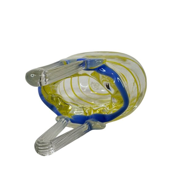 Vintage Handblown Art Glass MINI Basket Purse Blue & Yellow Swirls 2 Inch Decor - Picture 8 of 11